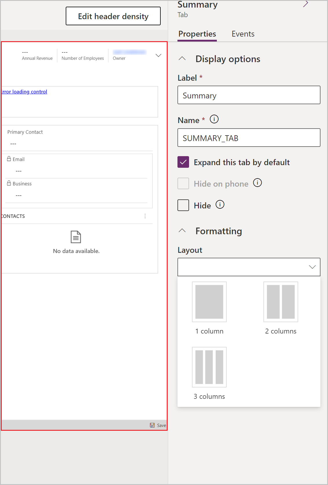 Utilizzare un layout diverso rispetto al layout predefinito a tre colonne in una scheda.